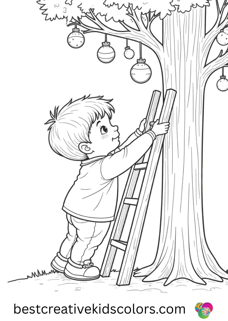 Autumn Tree Colouring shows a child climbing a ladder to hang ornaments on a tall tree.
