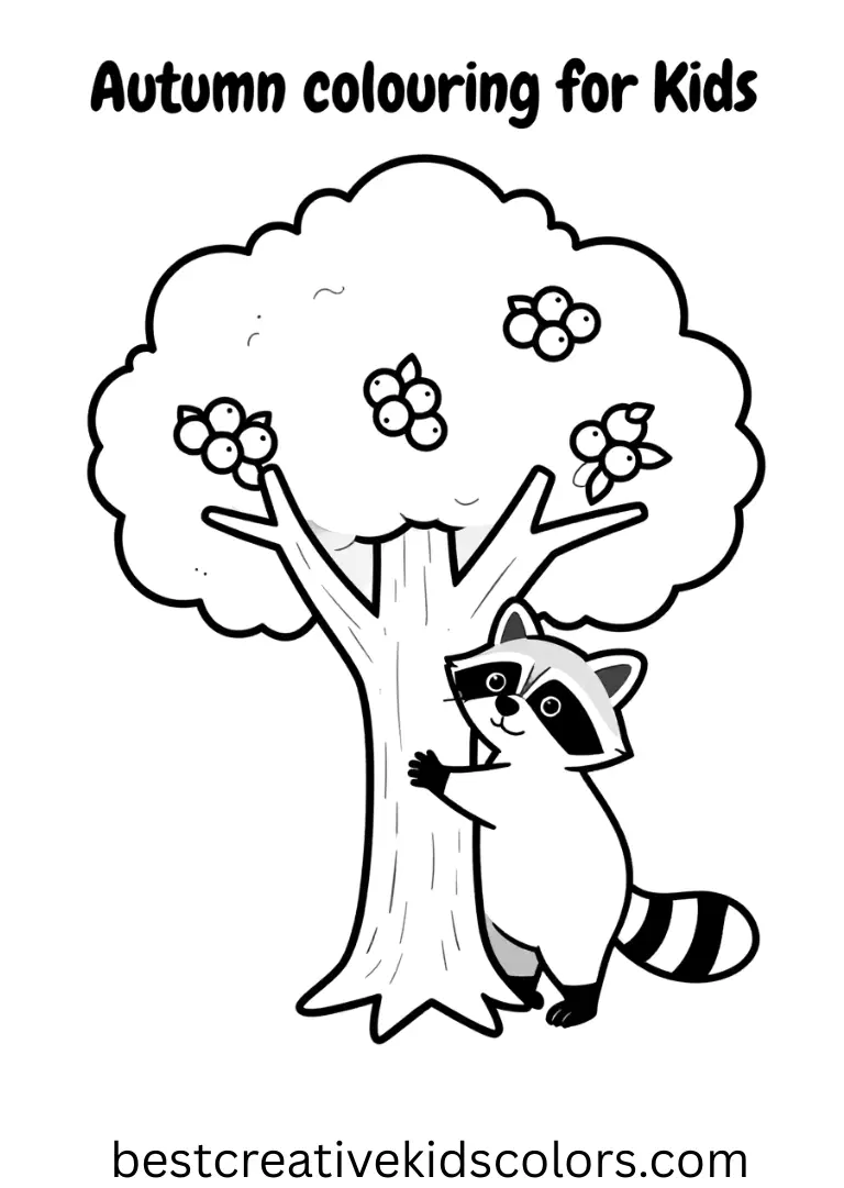 A raccoon climbs a small tree reaching for berries in Autumn colouring for Kids.