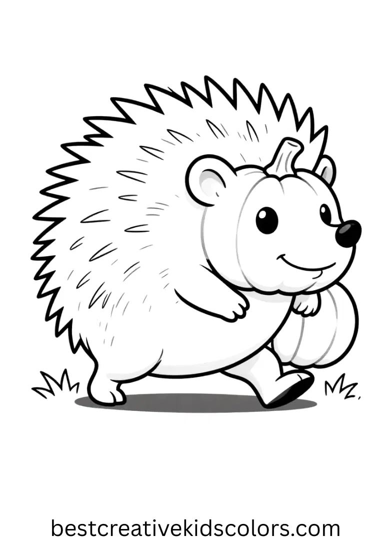 Autumn colouring for children depicts a hedgehog carrying a tiny pumpkin across the grass.