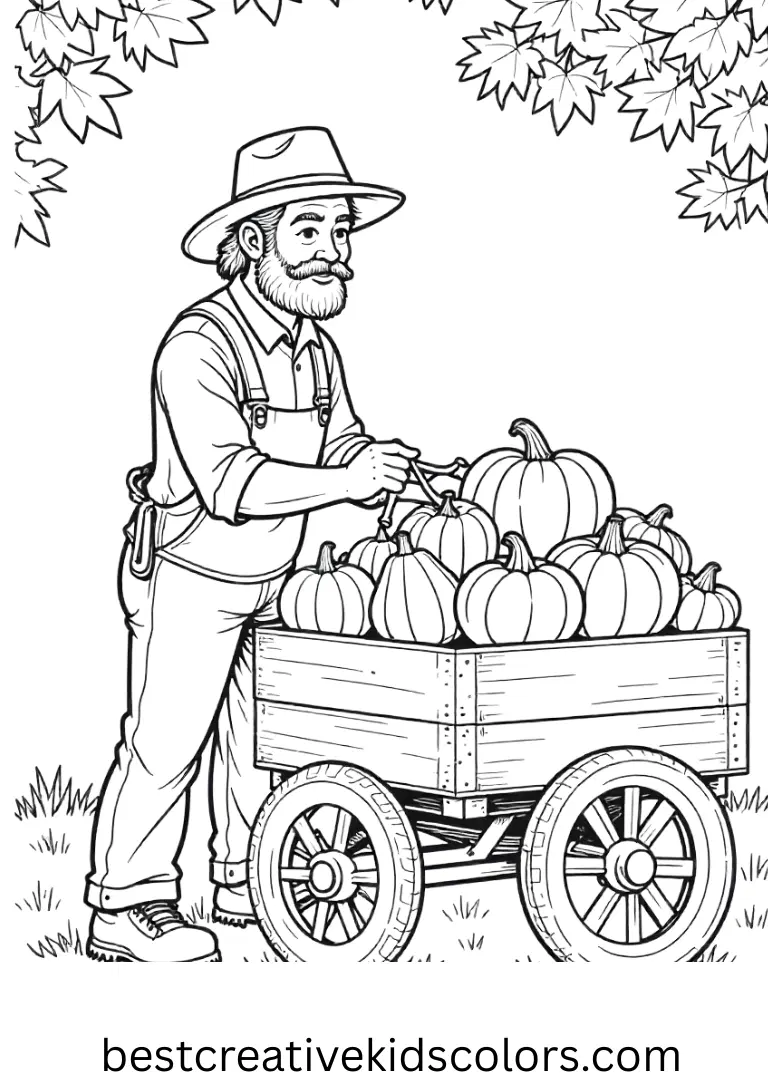 A farmer arranges pumpkins and gourds on a wagon in Autumn leaves coloring page for adults.