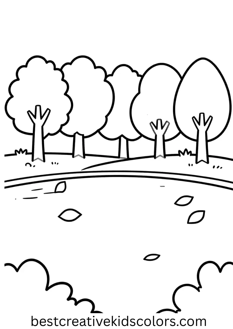 Autumn leaves coloring page pdf captures a calm pond reflecting golden autumn trees.