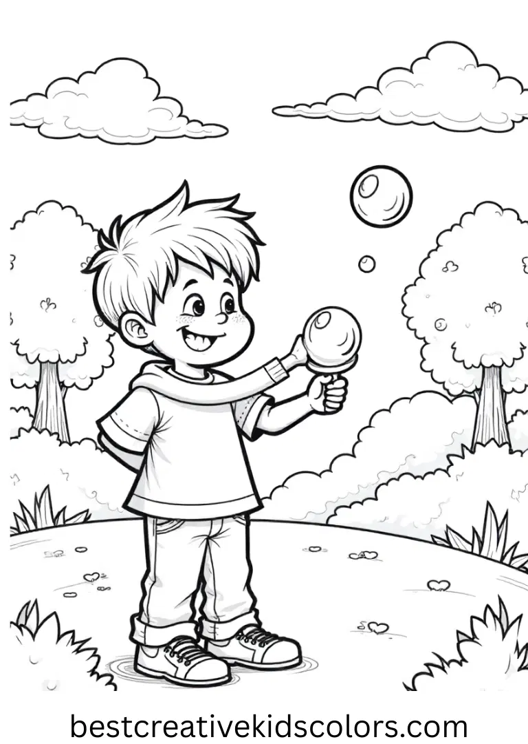 Autumn pictures for kids shows a child blowing bubbles in a sunlit grassy park.