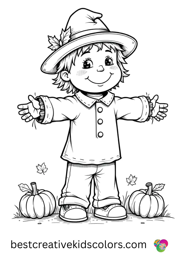 Autumn scarecrow coloring page easy depicts a child painting a cardboard box into a robot.
