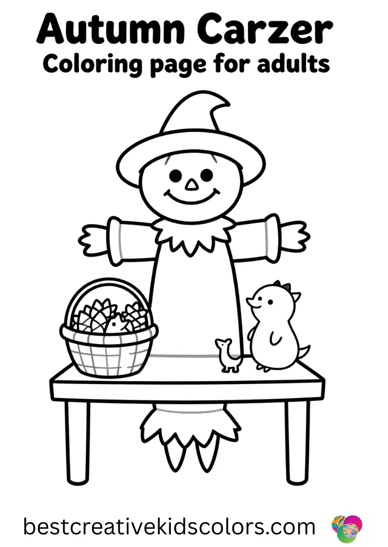 Autumn scarecrow coloring page for adults shows a basket of pinecone animals on a table.