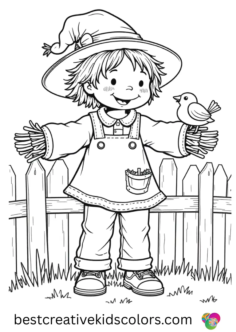 Autumn scarecrow coloring page free shows a child placing a small bird figurine on a fence post.