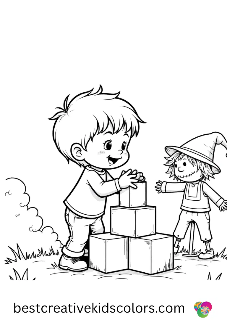 Autumn scarecrow coloring page pdf shows a child stacking blocks into a miniature castle.