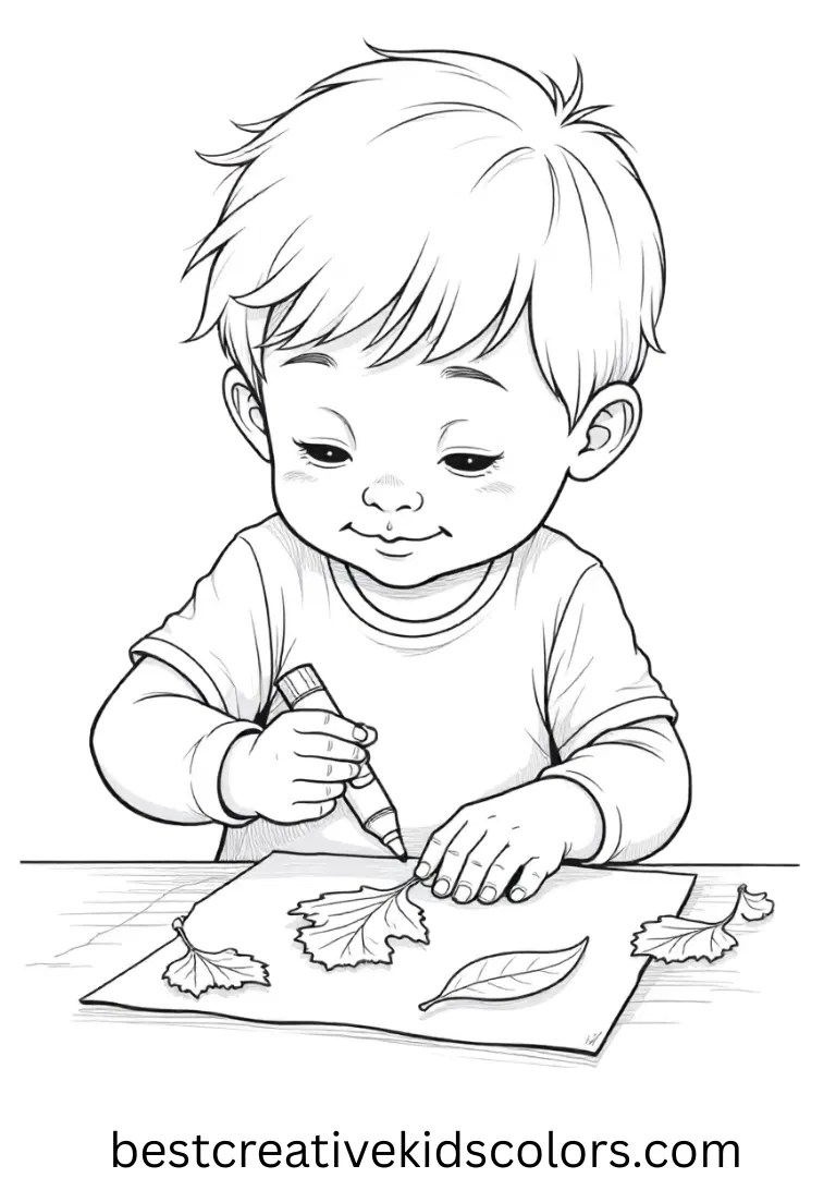 A child glues dried leaves onto craft paper in Autumn theme.