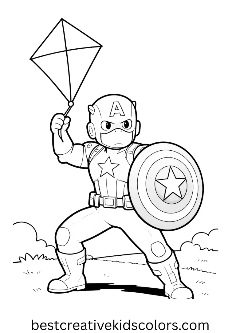 In an open field, Avengers captain america coloring page easy shows him flying a simple diamond kite.