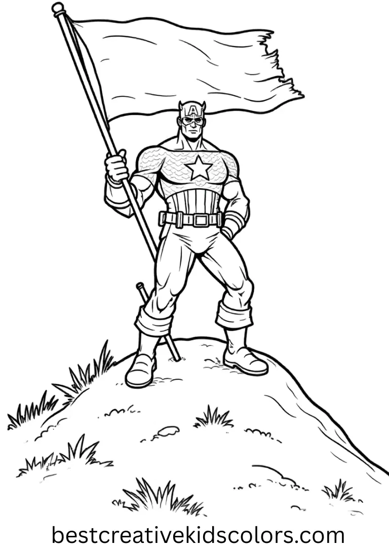 Avengers captain america coloring page pdf free download shows him planting a flag atop a grassy hill.