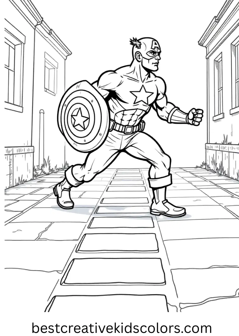 Avengers captain america coloring page pdf free features him drawing hopscotch squares on stone tiles.