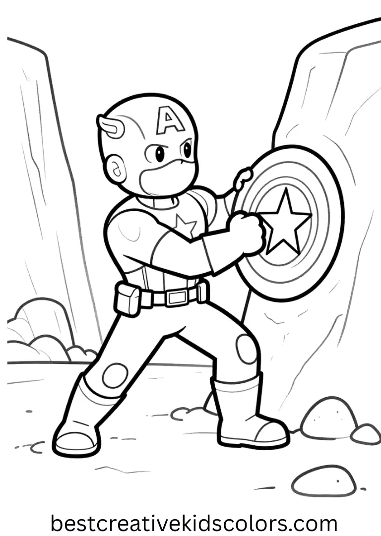 In a sandy canyon, Avengers captain america coloring page pdf shows him carving a personal emblem into rock.