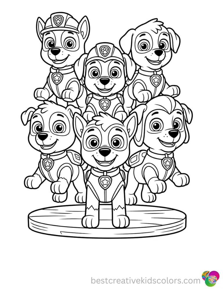 Bold, easy outlines capture the Paw Patrol pups jumping over a smooth wooden log.