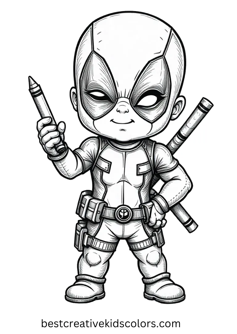 Capture baby Deadpool proudly showing his crayon drawing of himself as a superhero.