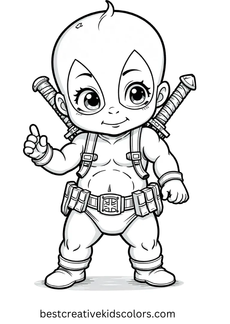 Color little Deadpool striking a heroic pose in his diaper with toy swords strapped to his back.