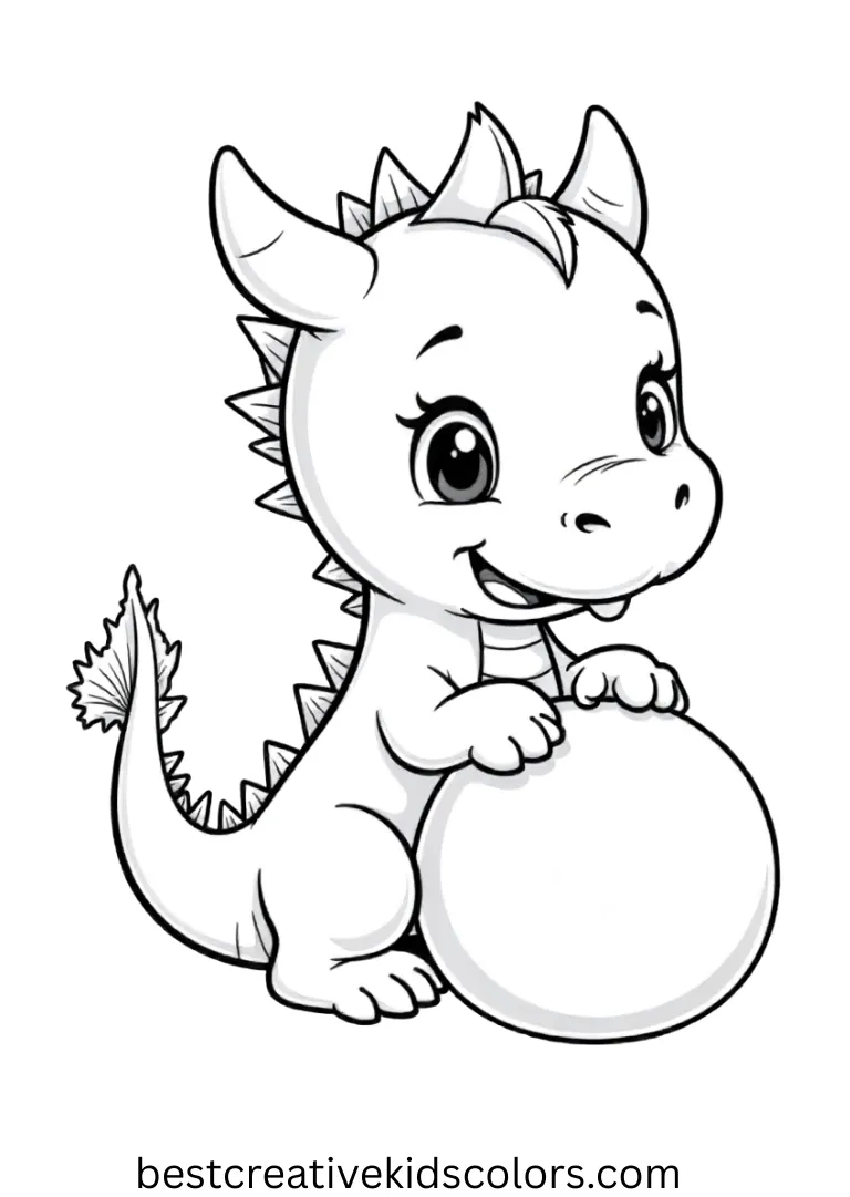 A cheerful dragon nudges a round ball across a soft green field.