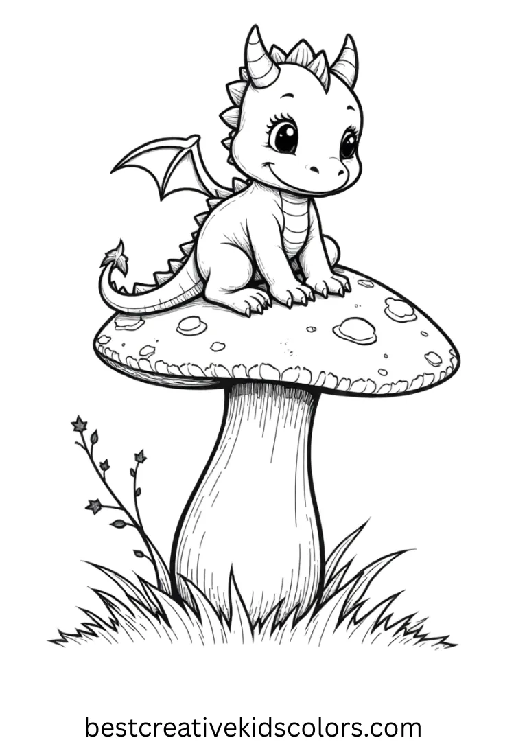 Baby Dragon Coloring Sheet Nestled on Mushroom