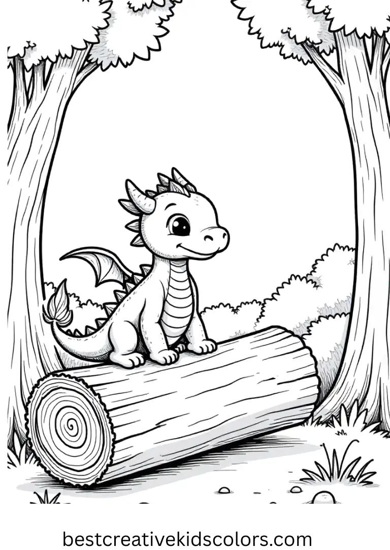 A tiny dragon carefully balances on a fallen tree in the forest.