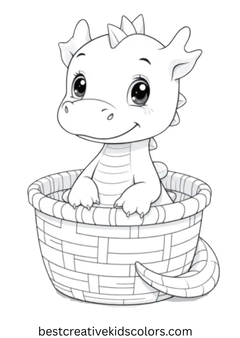 A small dragon peeks from a woven basket surrounded by soft leaves.