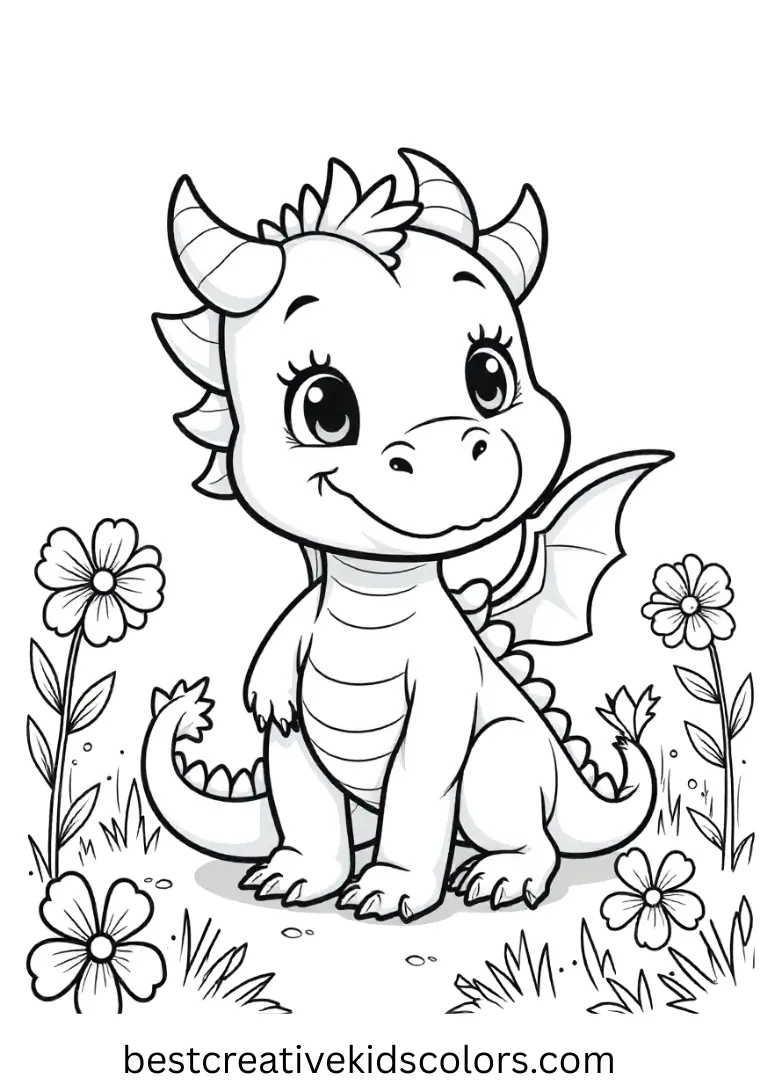 A tiny dragon peeks out from a colorful flower garden, smiling happily.