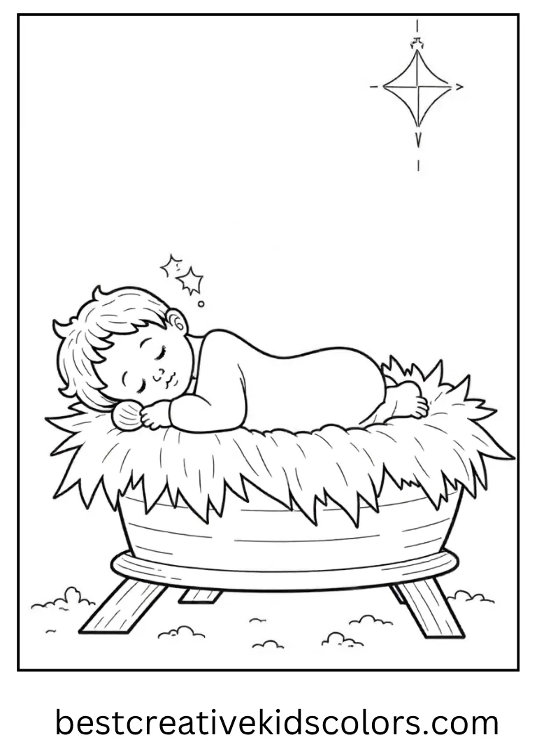 Baby Jesus in Manger Coloring Sheet Baby Jesus sleeps in a manger of hay.
