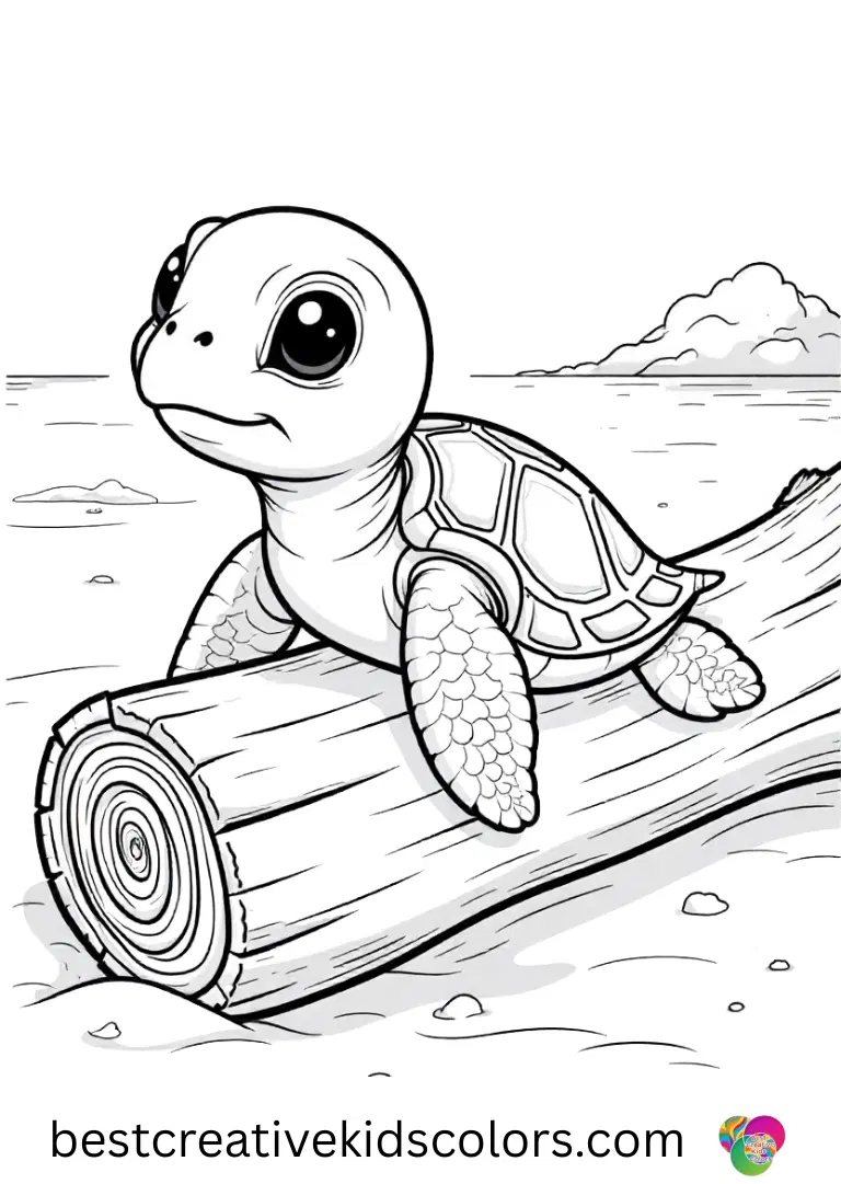 Baby Sea turtle coloring page features a hatchling balancing carefully on a driftwood log.