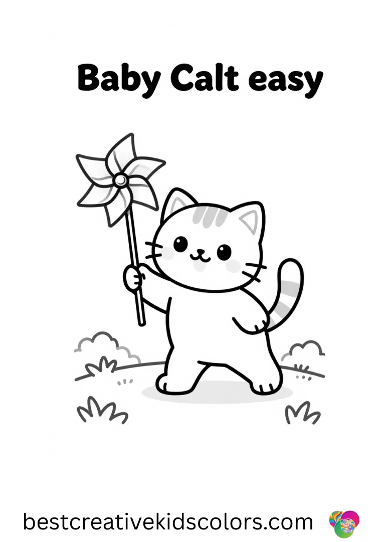 Baby cat coloring page easy features a kitten spinning a colorful pinwheel in a sunny yard.
