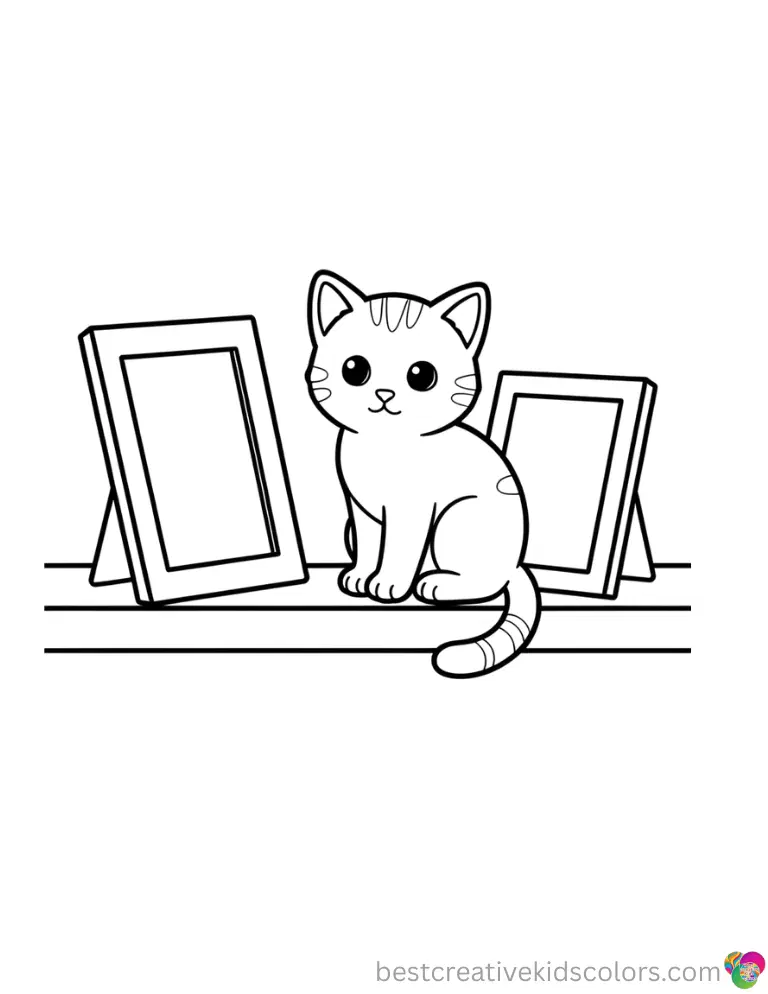 A calm kitten aligns photo frames in Baby cat coloring page for adults on a wide shelf.