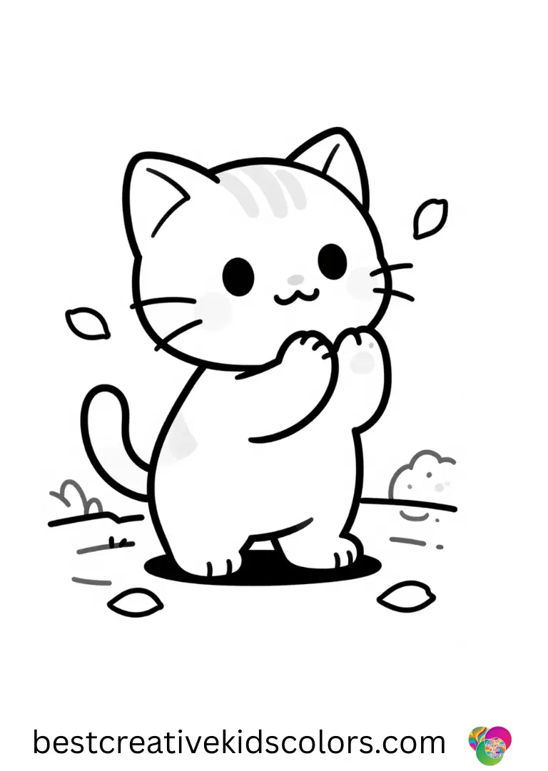 A tiny kitten claps as petals fall in Baby cat coloring page pdf on a stone path.
