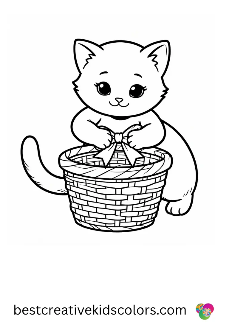 Baby cat coloring page printable shows a kitten tying a ribbon bow on a wicker basket.