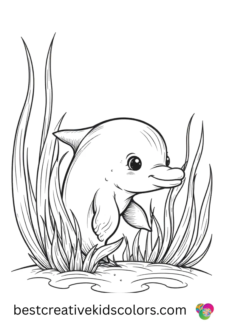 Baby dolphin coloring pages depict a tiny dolphin peeking shyly from behind waving sea grass.