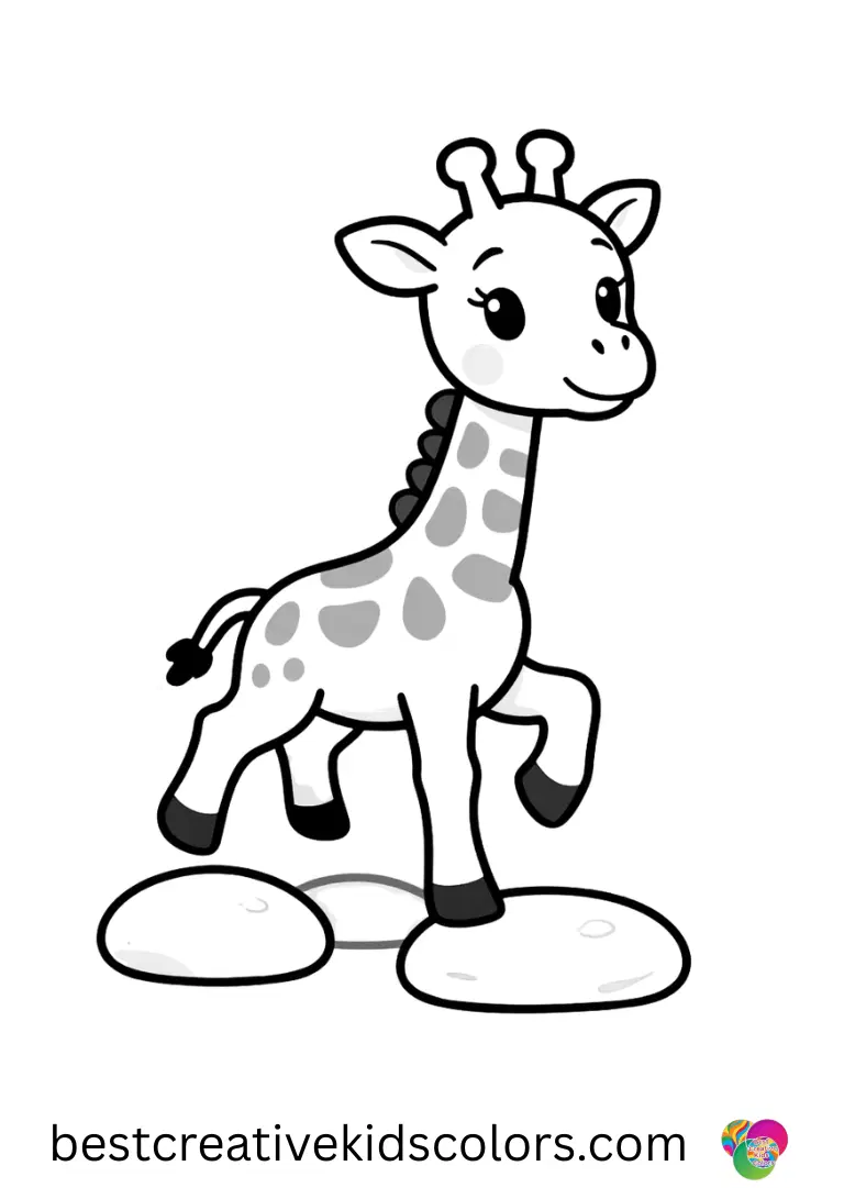 Baby giraffe enjoying a sunny day coloring pages free depicts a tiny giraffe hopping across colorful stones.