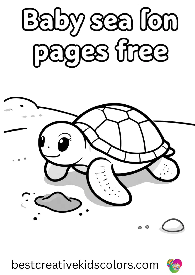 Baby sea turtle on a sandy beach coloring pages free shows a hatchling digging a miniature sand moat.