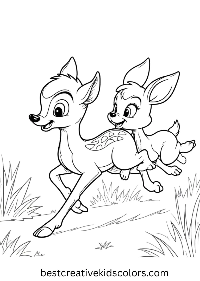 Bambi & Thumper Playful Chase Disney Coloring Page Enjoy playful chases with Bambi and Thumper in cheerful Disney Coloring Pages.