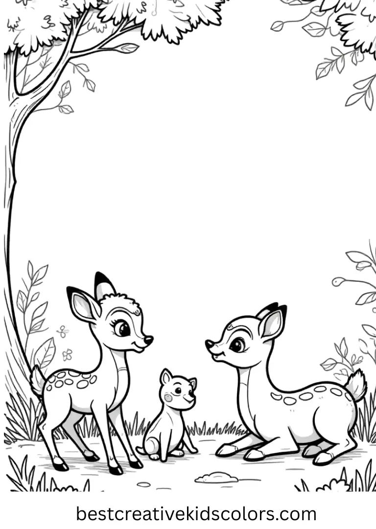 Bambi’s Forest Friends Disney Coloring Sheet Color Bambi playing with his woodland pals in cheerful Disney Coloring Pages.