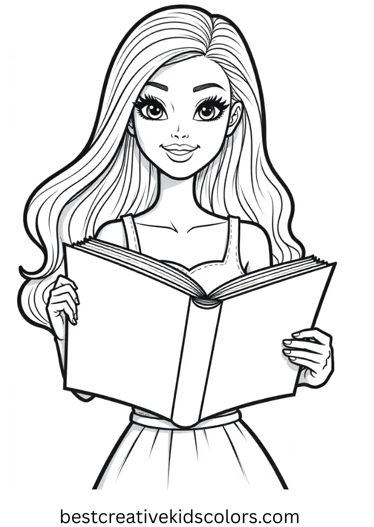 Barbie turns a page of her book in clean space in Barbie Colouring Book.