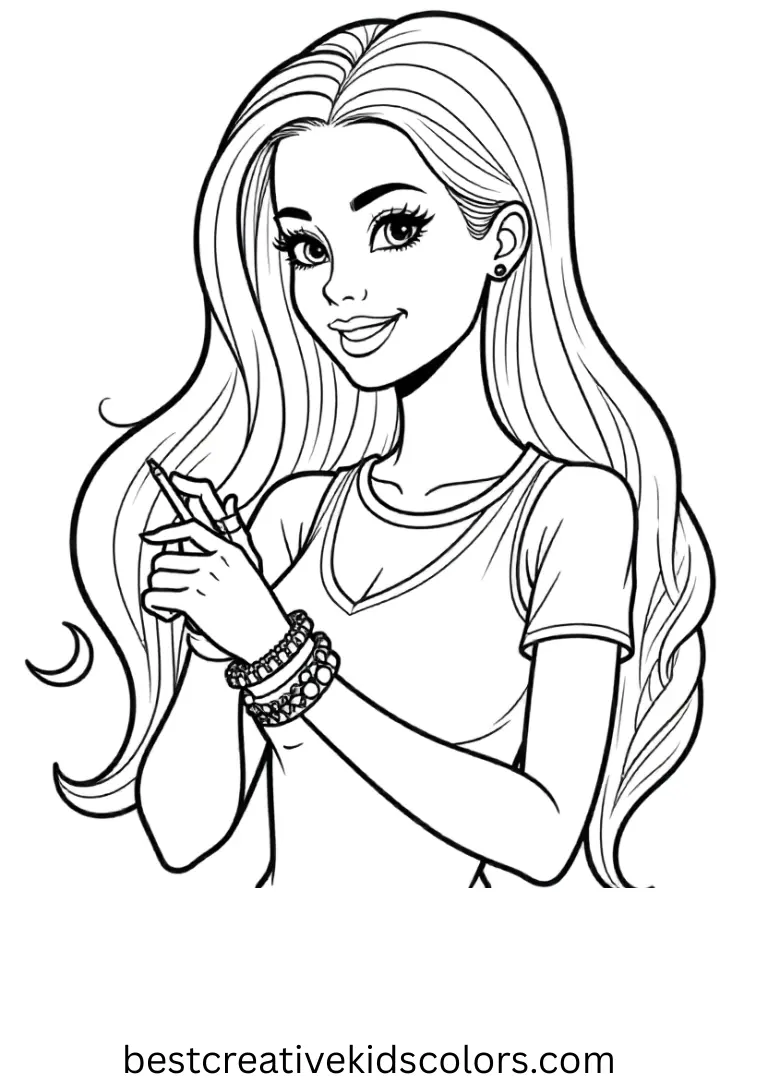 Barbie coloring pages PDF shows Barbie adjusting her bracelet in a blank, tidy scene.