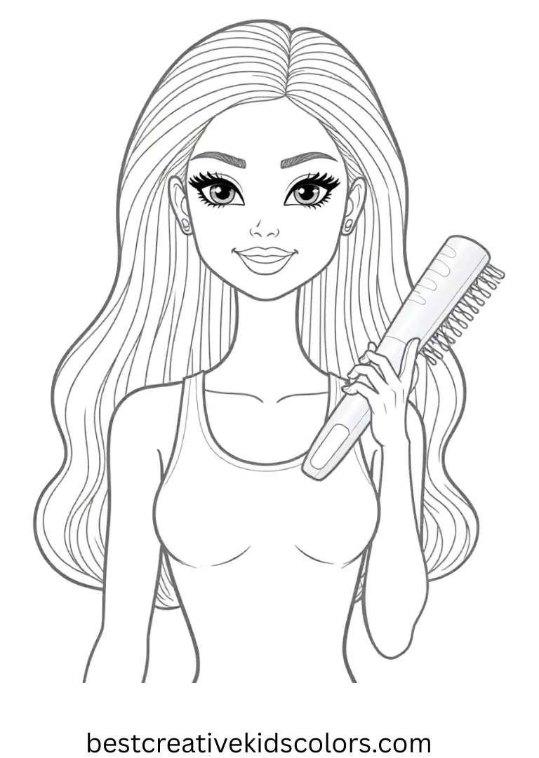 In a simple open space, Barbie doll coloring page easy shows Barbie brushing her long hair.
