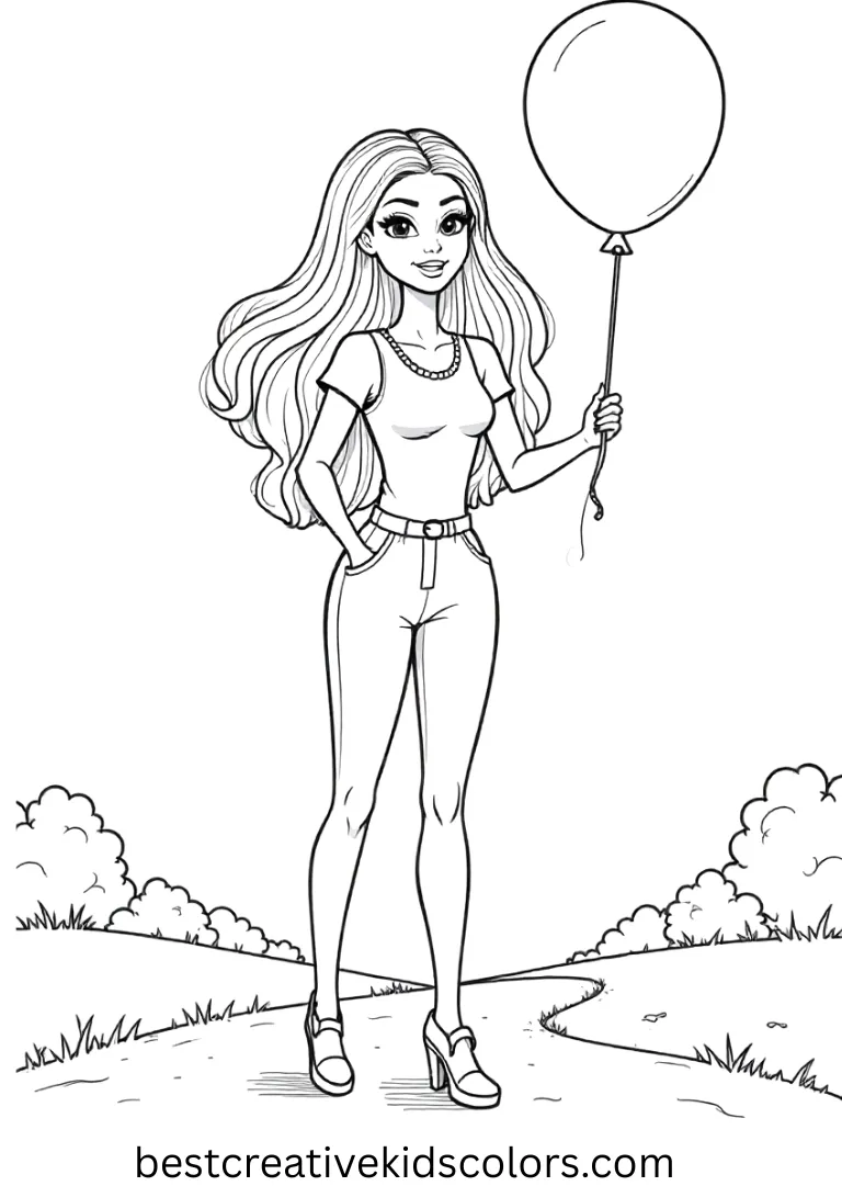 Barbie doll coloring page for kids features her holding a balloon while standing on a clear path.