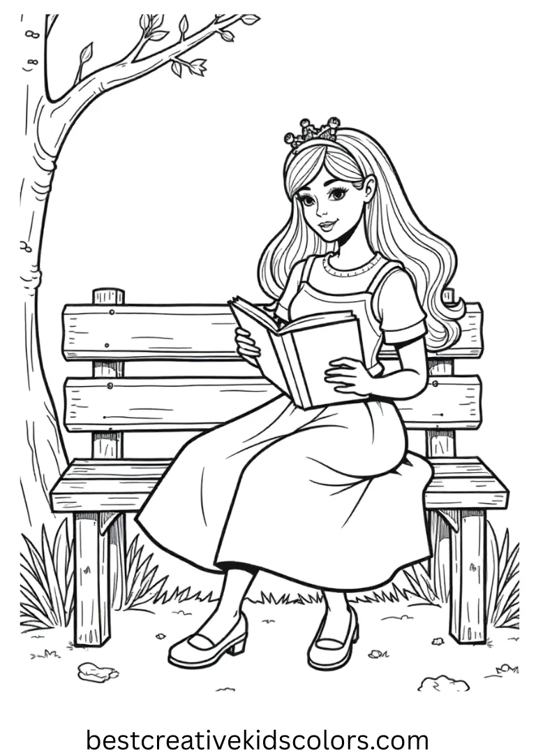 On a tidy bench, Barbie doll coloring page pdf has Barbie reading a book in clear surroundings.