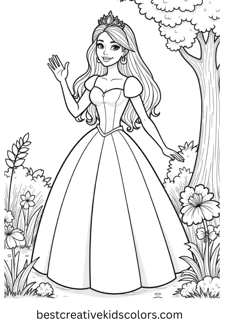 Waving gently, Barbie Princess stands in a simple garden in Barbie princess coloring page easy.