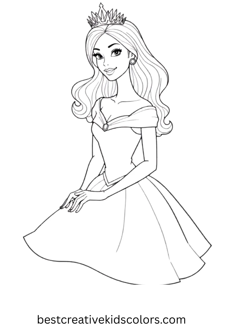 Sitting elegantly, Barbie Princess shines in Barbie princess coloring page free.