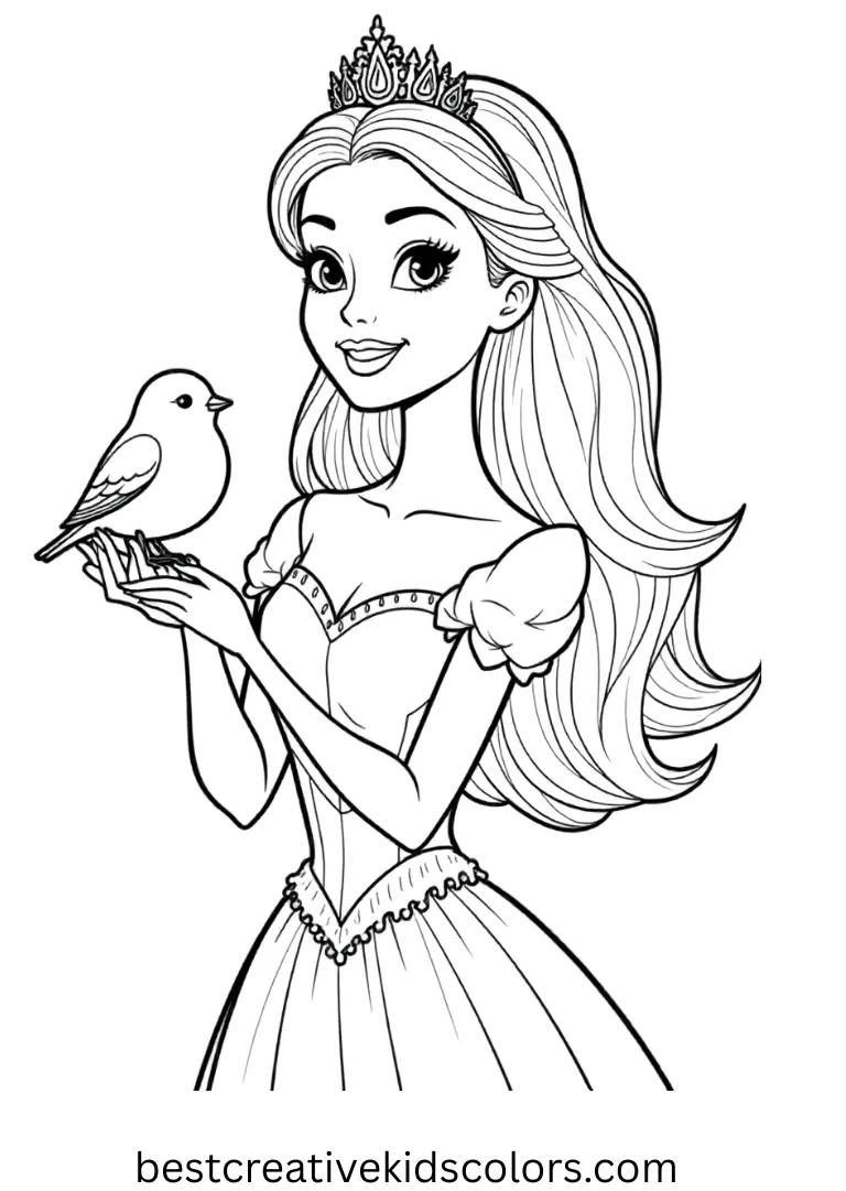 Barbie Princess holds a tiny bird in a clean space in Barbie princess coloring page pdf.