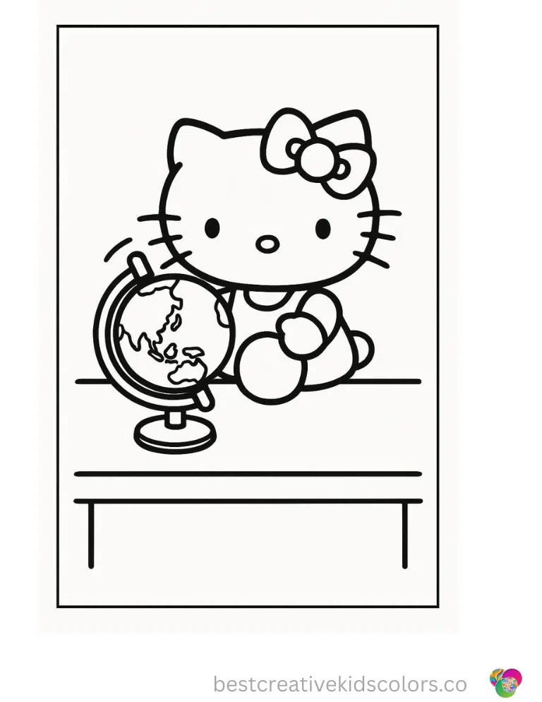 Beautiful Hello Kitty Pictures to Color (Digital Canvas) Hello Kitty spins a colorful world globe on her desk.