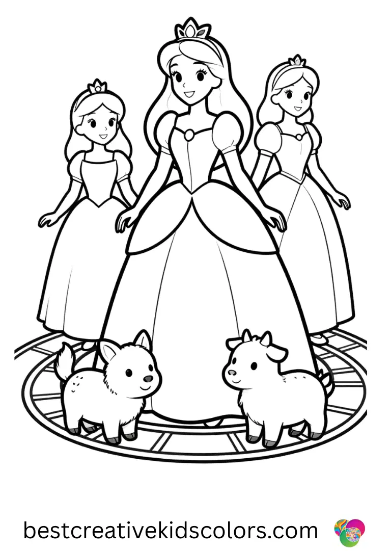 Beautiful Princess coloring pages depicts princesses moving toy animals along tracks.