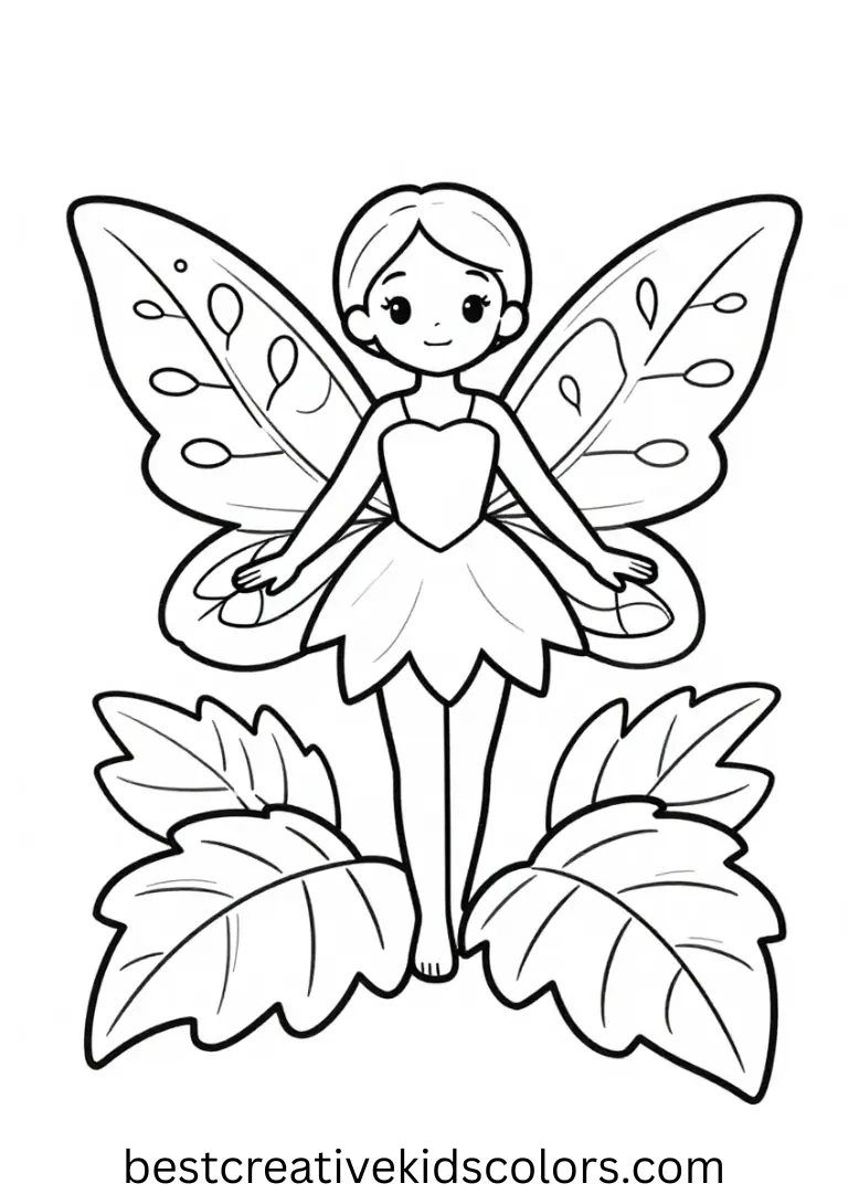 Beautiful fairy coloring page easy features a fairy tracing patterns in floating mist over leaves.