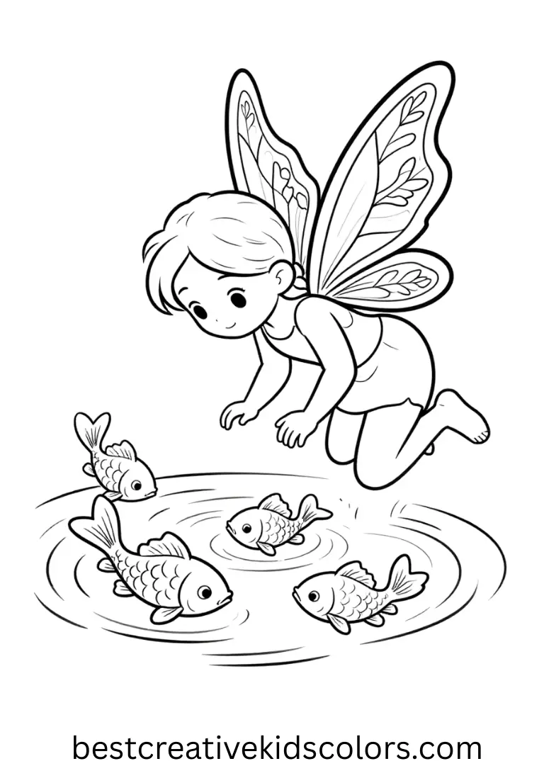 Beautiful fairy coloring page for adults depicts a fairy gazing into a magical pond of glowing fish.