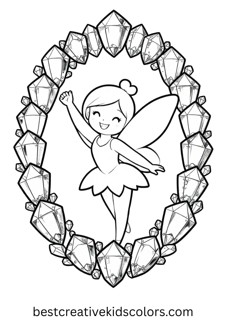 Beautiful fairy coloring page free download shows a fairy arranging tiny sparkling crystals in a circle.