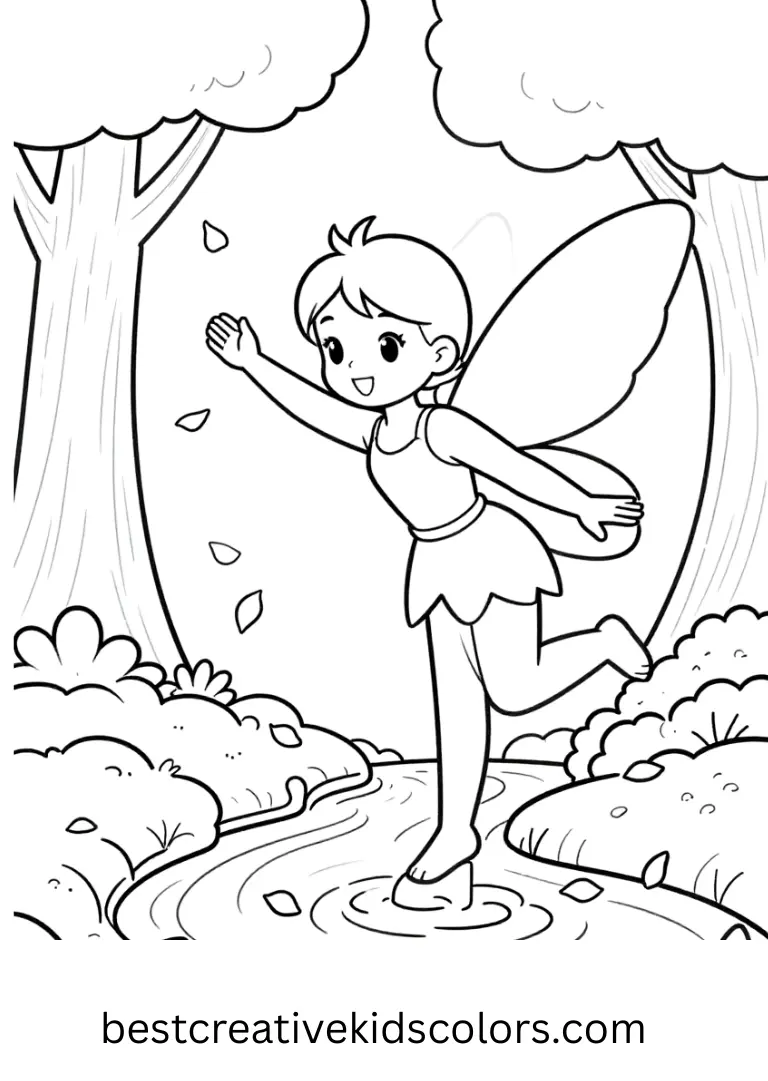 Beautiful fairy coloring page free shows a fairy tipping sparkling petals into a tiny woodland stream.