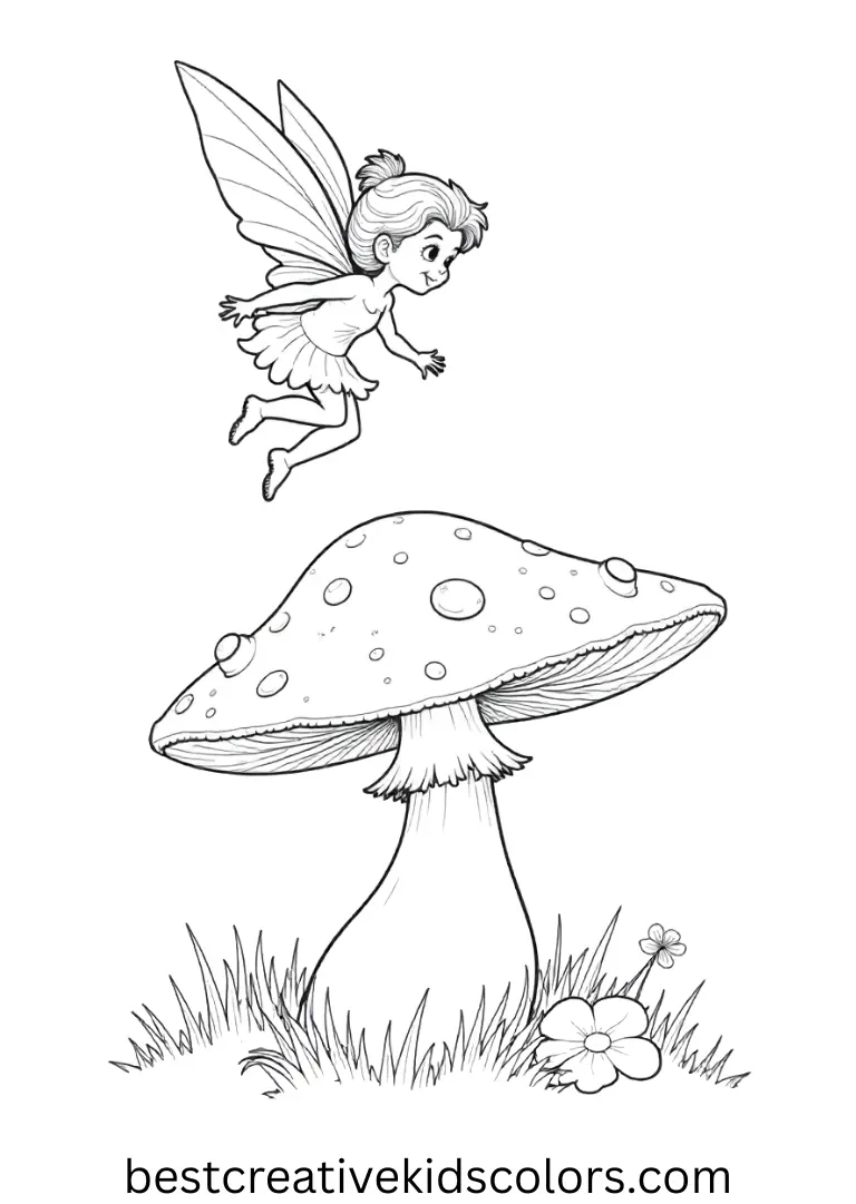 Soft sunlight surrounds a fairy twirling atop a giant glowing mushroom.