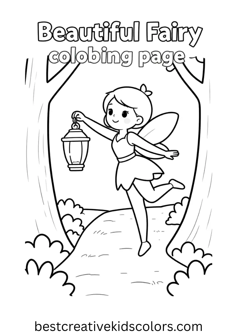 Beautiful fairy coloring page pdf features a fairy lifting glowing lanterns along a forest path.